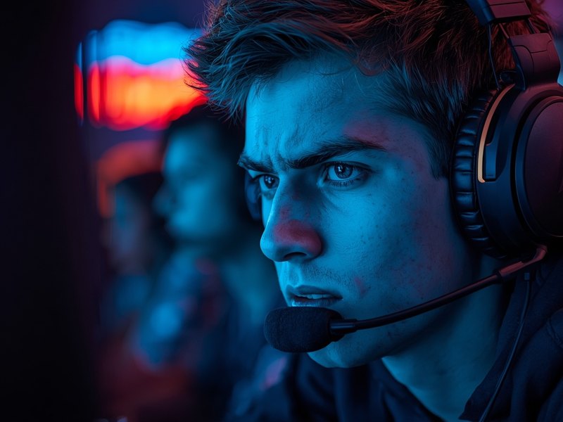 Close-up of a focused player at a solo practice station, headset on